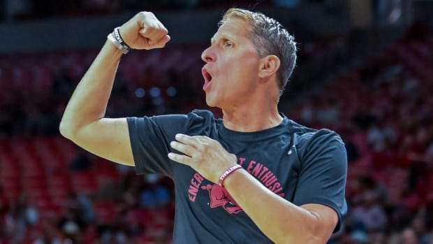 Razorbacks coach Eric Musselman on sidelines against UT-Tyler